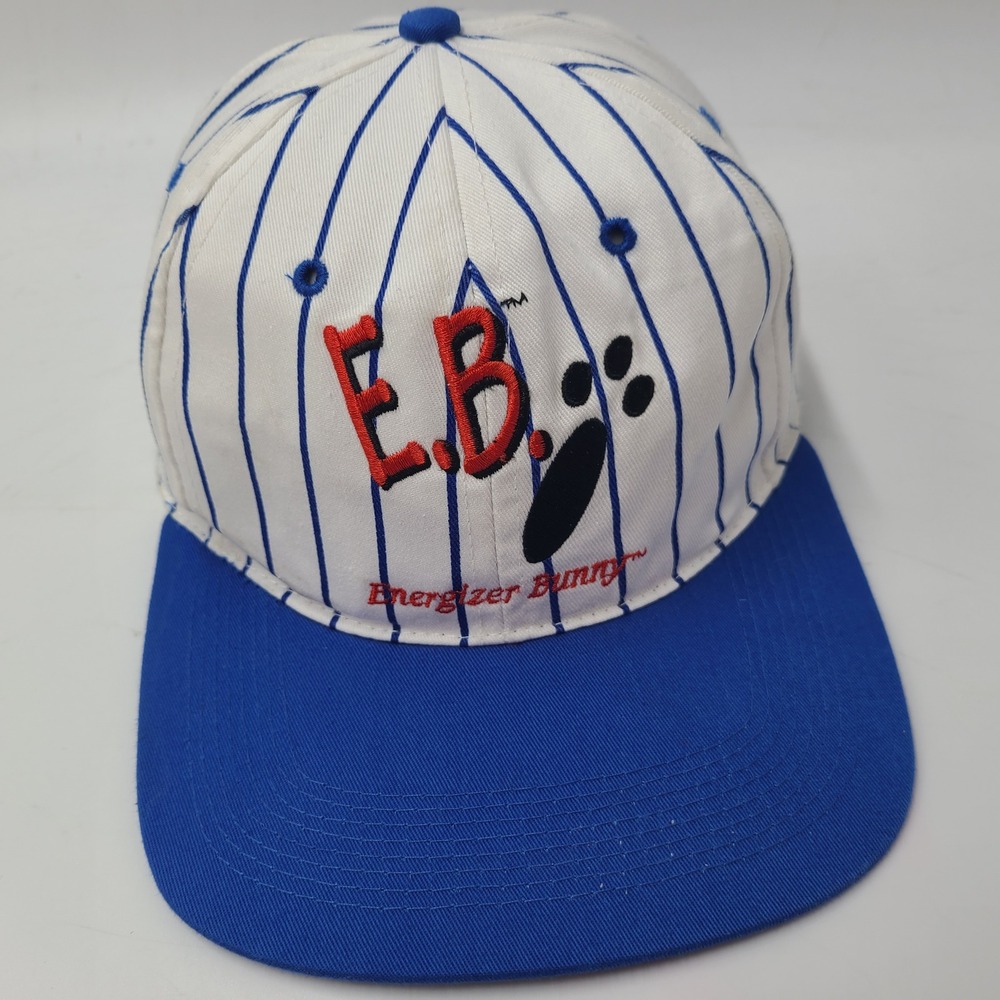 Vintage Energizer Bunny Hat Snapback White Blue Pinstripes 1994 Eveready Battery